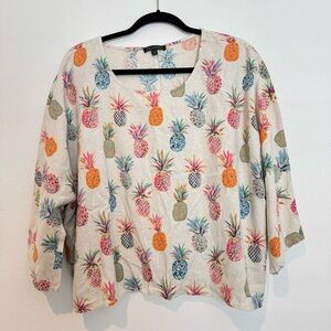 For Cynthia Linen Blend Pineapple Print Dolman Sleeve Top